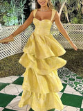 Tineit Yellow Sweetheart Sleeveless Ruffle Floor Length Prom Dress Birthday Outfits (PRE-ORDER)