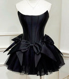 Tineit Chic A line Black Strapless Short Homecoming Dress Satin Party Dress (PRE-ORDER)