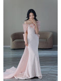 Tineit Pretty Mermaid Strapless Pink Sequin Long Evening Dress Prom Dresses With Bow (PRE-ORDER)