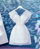 Tineit Chic A line V neckline Short Sequin White Homecoming Dress th Birthday Outfits (PRE-ORDER)