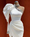 Tineit Cute A line One Shoulder White Satin Short Homecoming Dress th Birthday Outfits (PRE-ORDER)