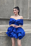 Tineit Elegant Royal Blue Bubble Off Shoulder Cheap Short Homecoming Dresses Birthday Outfits (PRE-ORDER)