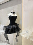 Tineit Elegant A Line Strapless Black Homecoming Dress Birthday Outfits (PRE-ORDER)