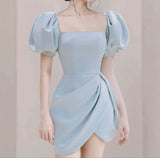 Tineit Elegant A Line Square Neckline Blue Satin Homecoming Dress Birthday Outfits (PRE-ORDER)