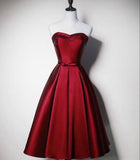 Tineit A Line Strapless Burgundy Satin Tea Length Prom Dresses Homecoming Dress (PRE-ORDER)