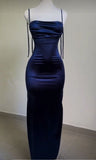 Tineit Vintage Mermaid Spaghetti Straps Custom Silk Satin Blue Long Prom Dresses (PRE-ORDER)