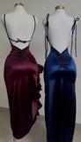 Tineit Vintage Mermaid Spaghetti Straps Custom Silk Satin Blue Long Prom Dresses (PRE-ORDER)