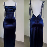 Tineit Vintage Mermaid Spaghetti Straps Custom Silk Satin Blue Long Prom Dresses (PRE-ORDER)