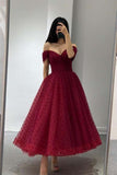 Tineit Ball Gown Off Shoulder Burgundy Tulle Tea Length Prom Dresses Homecoming Dress (PRE-ORDER)