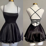 Tineit A Line Spaghetti Straps Backless Homecoming Dresses Black Birthday Outfits (PRE-ORDER)