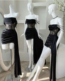 Tineit Elegant Sheath Strapless Black Satin Homecoming Dress Birthday Outfits (PRE-ORDER)