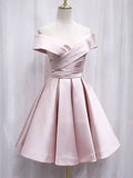 Tineit Simple Off Shoulder Pink Satin Short Homecoming Dress (PRE-ORDER)