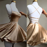 Tineit Vintage A line Straps Gold Backless Birthday Outfits Satin Homecoming Dress (PRE-ORDER)