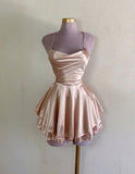 Tineit Vintage A line Halter Champagne Birthday Outfits Satin Homecoming Dress (PRE-ORDER)