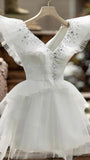 Tineit Vintage A line V Neckline White Tulle Birthday Outfits Homecoming Dress (PRE-ORDER)