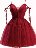 Tineit Vintage A line Straps Burgundy Birthday Outfits Tulle Homecoming Dress (PRE-ORDER)