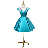 Tineit Modest A line V Neckline Blue Satin Birthday Outfits Homecoming Dress (PRE-ORDER)