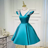 Tineit Modest A line V Neckline Blue Satin Birthday Outfits Homecoming Dress (PRE-ORDER)