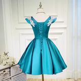 Tineit Modest A line V Neckline Blue Satin Birthday Outfits Homecoming Dress (PRE-ORDER)