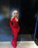 Tineit Sexy Mermaid Halter Red Sequin Long Prom Dress With Gloves (PRE-ORDER)