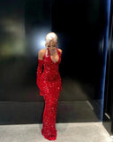 Tineit Sexy Mermaid Halter Red Sequin Long Prom Dress With Gloves (PRE-ORDER)