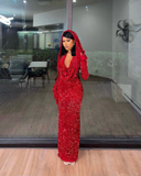 Tineit Sexy Mermaid Halter Red Sequin Long Prom Dress With Gloves (PRE-ORDER)