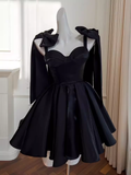 Tineit Sexy A line Straps Black Satin Birthday Outfit Homecoming Dresses (PRE-ORDER)