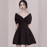 Tineit Sexy A line Spaghetti Straps Black Satin Birthday Outfit Homecoming Dresses (PRE-ORDER)