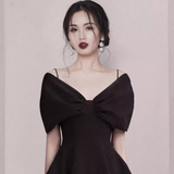 Tineit Sexy A line Spaghetti Straps Black Satin Birthday Outfit Homecoming Dresses (PRE-ORDER)