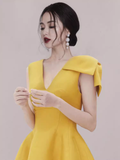 Tineit Sexy A line V Neckline Yellow Satin Birthday Outfit Homecoming Dresses (PRE-ORDER)