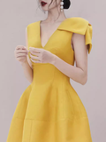 Tineit Sexy A line V Neckline Yellow Satin Birthday Outfit Homecoming Dresses (PRE-ORDER)