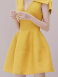 Tineit Sexy A line V Neckline Yellow Satin Birthday Outfit Homecoming Dresses (PRE-ORDER)