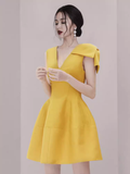 Tineit Sexy A line V Neckline Yellow Satin Birthday Outfit Homecoming Dresses (PRE-ORDER)