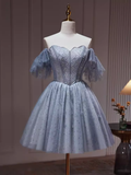 Tineit Sexy A line Off The Shoulder Tulle Gray Blue Homecoming Dresses (PRE-ORDER)