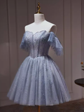 Tineit Sexy A line Off The Shoulder Tulle Gray Blue Homecoming Dresses (PRE-ORDER)