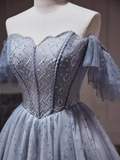 Tineit Sexy A line Off The Shoulder Tulle Gray Blue Homecoming Dresses (PRE-ORDER)