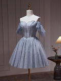 Tineit Sexy A line Off The Shoulder Tulle Gray Blue Homecoming Dresses (PRE-ORDER)