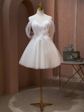 Tineit Sexy A line Off The Shoulder Tulle White Short Homecoming Dresses (PRE-ORDER)