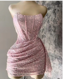 Tineit Sexy Sheath Strapless Pink Sequin Homecoming Dresses Short Birthday Outfits (PRE-ORDER)