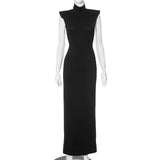 Tineit  Women Black Noble Maxi Dress Stand Neck Sleeveless Shoulder Pad Long Dress Backless Hollow Out Sexy Evening Gown