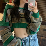 Tineit 2024 Fall Fashion Contrast Color Stripe Loose Crop Sweater