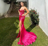 Tineit Elegant Sheath Sweetheart Sequin Pink Satin Slit Prom Dresses Evening Dress (PRE-ORDER)