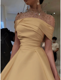 Tineit Elegant A-Line Evening Gown Elegant Dress Formal Floor Length Short Sleeve Illusion Neck Satin with Ruched Beading Prom Dress (PRE-ORDER)