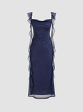 Tineit Elegant Sheath Square Neckline Navy Blue Chiffon Ruffles Prom Dresses Formal Dress (PRE-ORDER)