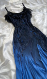 Tineit Elegant A Line Spaghetti Straps Navy Blue Chiffon Beads Long Prom Dresses Formal Dress (PRE-ORDER)