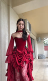 Tineit Elegant High Low Strapless Burgundy Satin Prom Dress Birthday Outfits With Sleeves (PRE-ORDER)