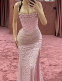 Tineit Elegant Mermaid Spaghetti Straps Pink Beads Sequin Slit Long Prom Dresses Formal Dress (PRE-ORDER)