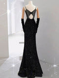 Tineit Elegant Mermaid Spaghetti Straps Black Sequin Long Prom Dresses Party Dress With Beads (PRE-ORDER)