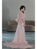 Tineit Pretty Mermaid Strapless Pink Sequin Long Evening Dress Prom Dresses With Bow (PRE-ORDER)