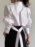 Tineit Cutout Back Tie Button Oversized Cropped Shirt